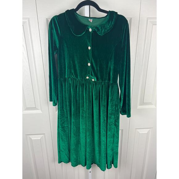 Girls Size 160 Green Velvet Long Sleeve Knee Length Pearl Button Holiday Dress - Picture 8 of 9